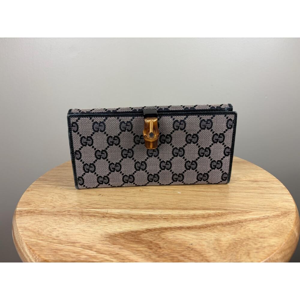 Authentic Gucci Long Bifold Wallet Black and Gray w/ Bamboo Hardware